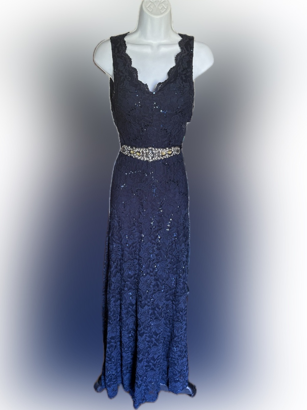 NWT My Michelle Navy Blue Lace Floor Length Gown Size 1